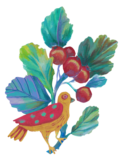 Illustration of a bird stealing cherries