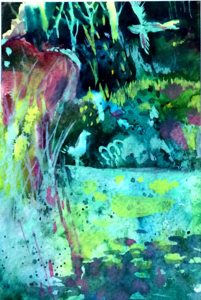 postcard sized watercolour of a swamp
